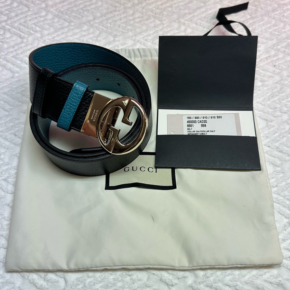 Gucci GG Dollar Calf Reversible Belt Nero/Deep Cobalt